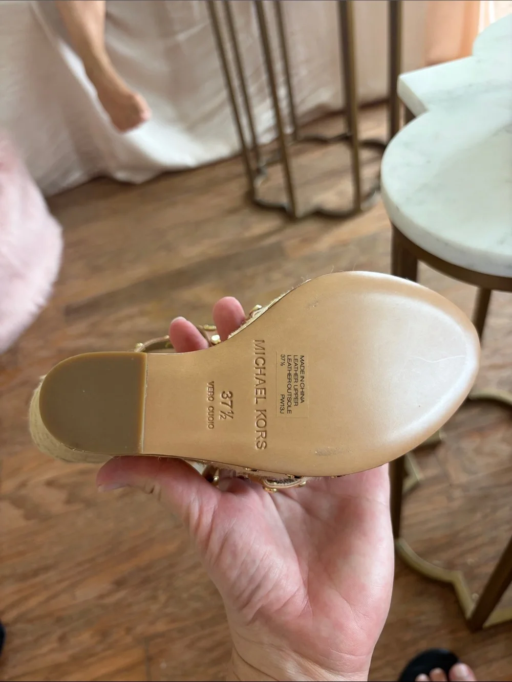 Michael Kors Brown Leather Espadrille Wedge Sandals with Gold Studs